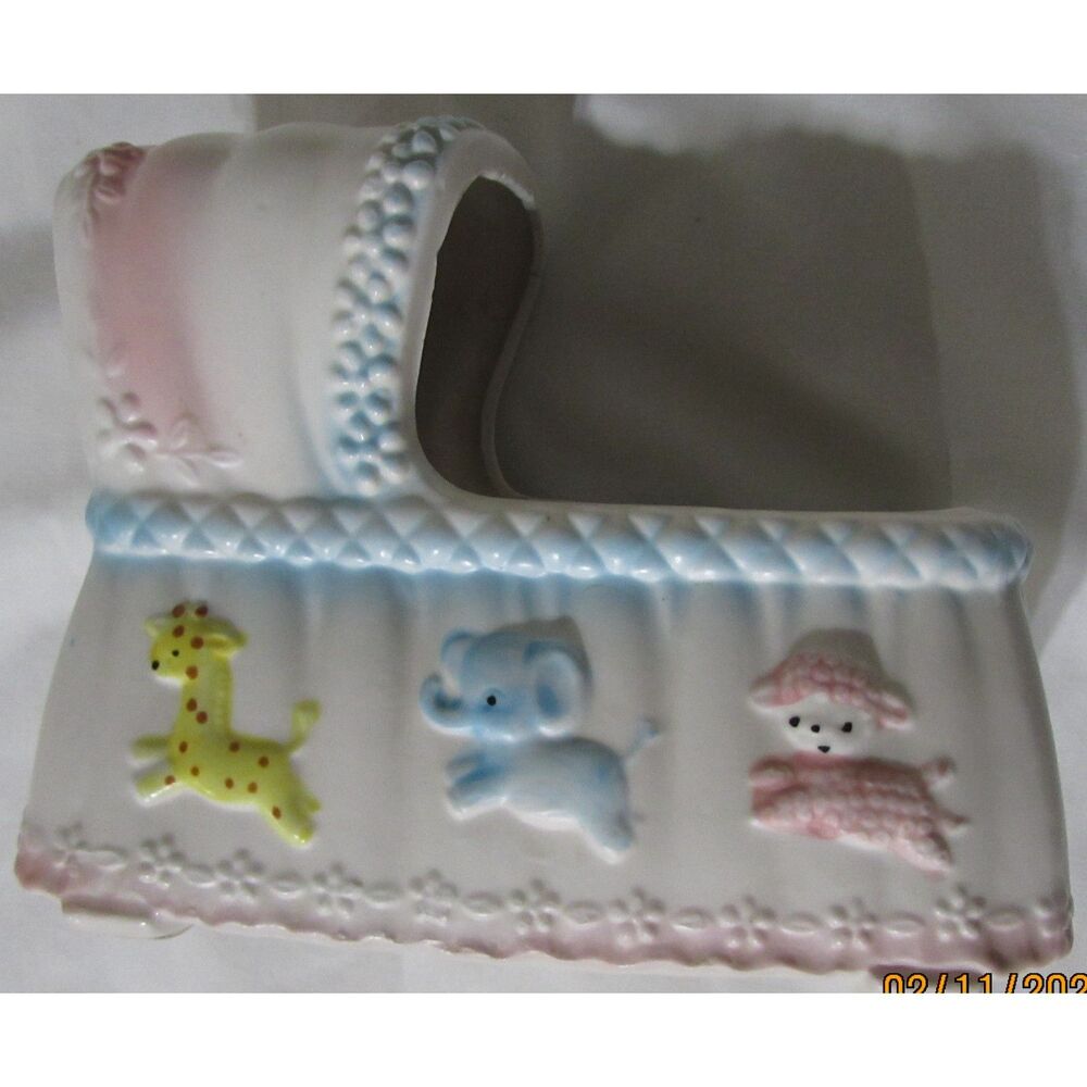 Vintage Relpo Nursery musical bassinet trinket box plant holder blue pink baby
